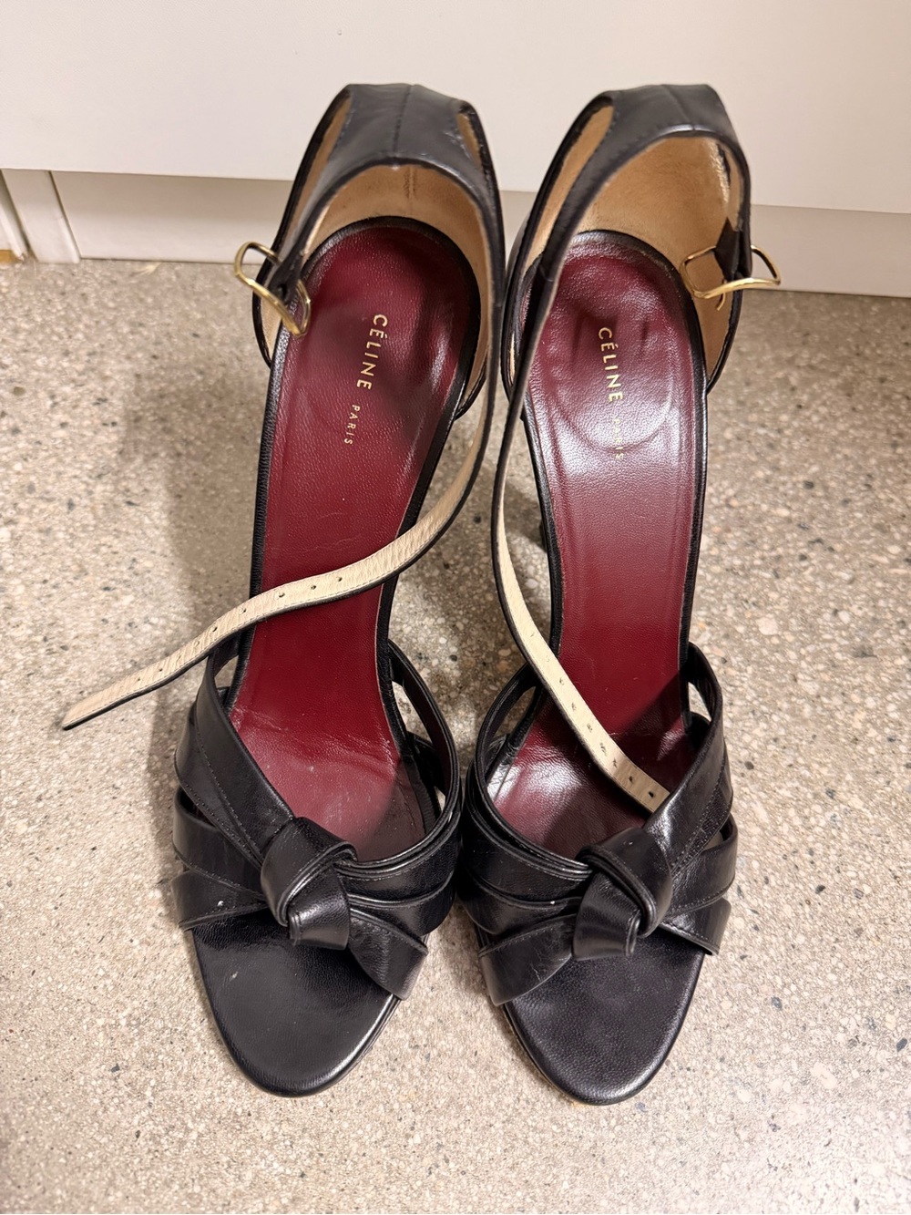 Celine Black Leather Knotted Slingback Heels with Burgundy Insole